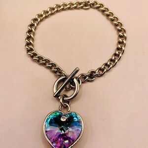 Iridescent Purple and Blue Crystal Heart Pendant Bracelet with Toggle Closure.